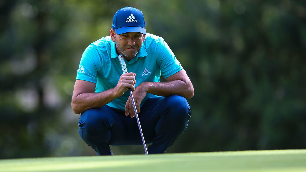 ST ALBANS, ENGLAND - JUNE 11: Sergio Garcia of Spain lines up a putt on the 14th green during day three of the LIV Golf Invitational at The Centurion Club on June 11, 2022 in St Albans, England.