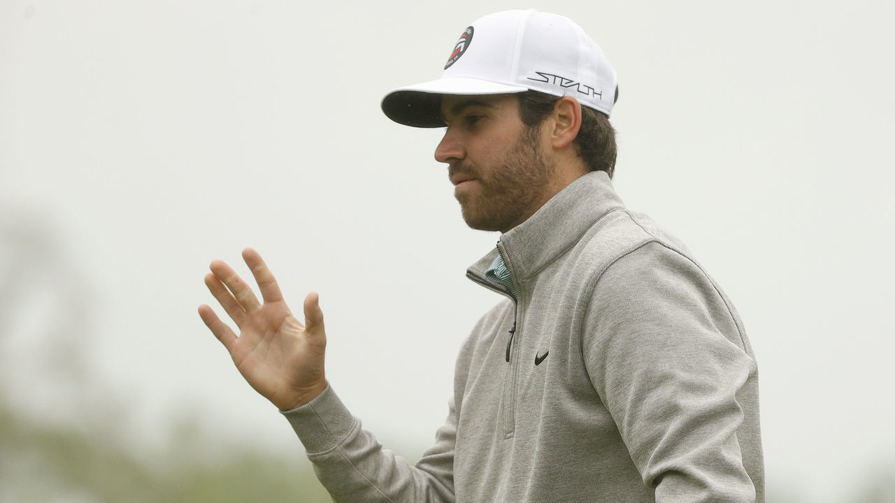 POTOMAC, MARYLAND - MAY 07: Matthew Wolff of the United States react after making a putt for birdie on the seventh green during the third round of the Wells Fargo Championship at TPC Potomac Clubhouse on May 07, 2022 in Potomac, Maryland.