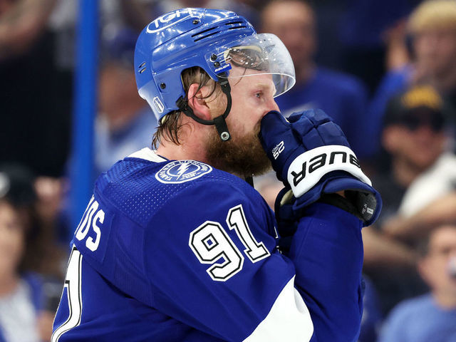 TAMPA, FLORIDA - JUNE 26: Steven Stamkos #91 of the Tampa Bay Lightning reacts after losing to the Colorado Avalanche 2-1 in Game Six of the 2022 NHL Stanley Cup Final at Amalie Arena on June 26, 2022 in Tampa, Florida.