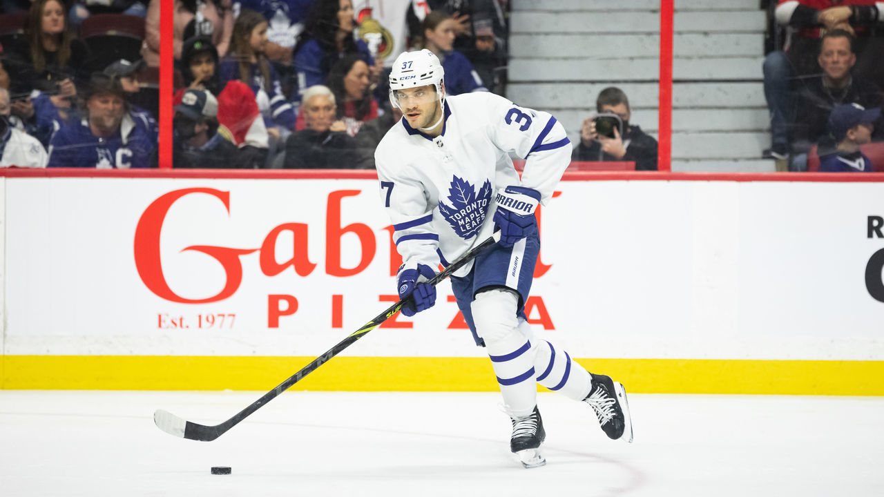 OTTAWA, ON - APRIL 16: Toronto Maple Leafs Defenceman Timothy Liljegren (37) skates with the puck during third period National Hockey League action between the Toronto Maple Leafs and Ottawa Senators on April 16, 2022, at Canadian Tire Centre in Ottawa, ON, Canada.