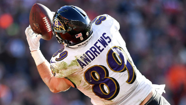 CLEVELAND, OH - DECEMBER 22, 2019: Tight end Mark Andrews #89 of the Baltimore Ravens catches a 14-yard touchdown pass in the second quarter of a game against the Cleveland Browns on December 22, 2019 at FirstEnergy Stadium in Cleveland, Ohio. Baltimore won 31-15. (Photo by: 2019 Nick Cammett/Diamond Images via Getty Images)