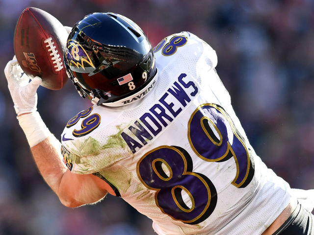 CLEVELAND, OH - DECEMBER 22, 2019: Tight end Mark Andrews #89 of the Baltimore Ravens catches a 14-yard touchdown pass in the second quarter of a game against the Cleveland Browns on December 22, 2019 at FirstEnergy Stadium in Cleveland, Ohio. Baltimore won 31-15. (Photo by: 2019 Nick Cammett/Diamond Images via Getty Images)
