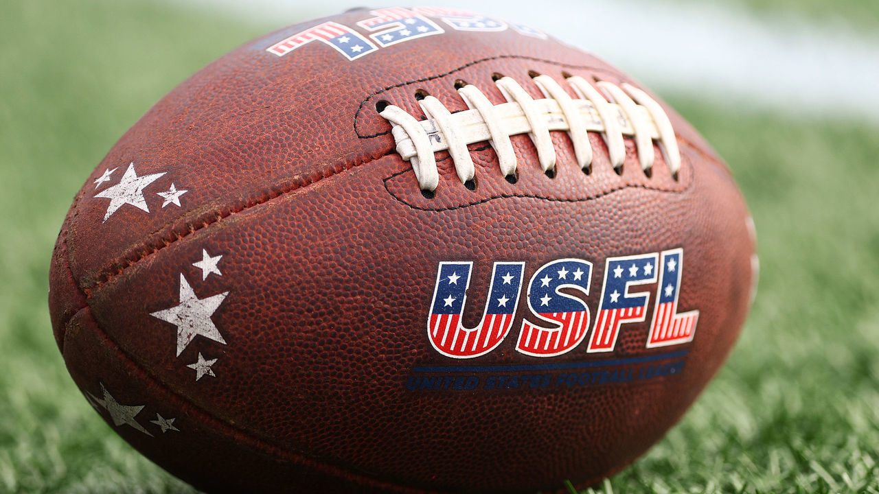 BIRMINGHAM, ALABAMA - JUNE 03: A football with the USFL logo is seen on the field before the game between the New Jersey Generals and the Pittsburgh Maulers at Legion Field on June 03, 2022 in Birmingham, Alabama.