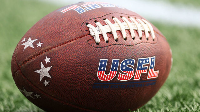 BIRMINGHAM, ALABAMA - JUNE 03: A football with the USFL logo is seen on the field before the game between the New Jersey Generals and the Pittsburgh Maulers at Legion Field on June 03, 2022 in Birmingham, Alabama.