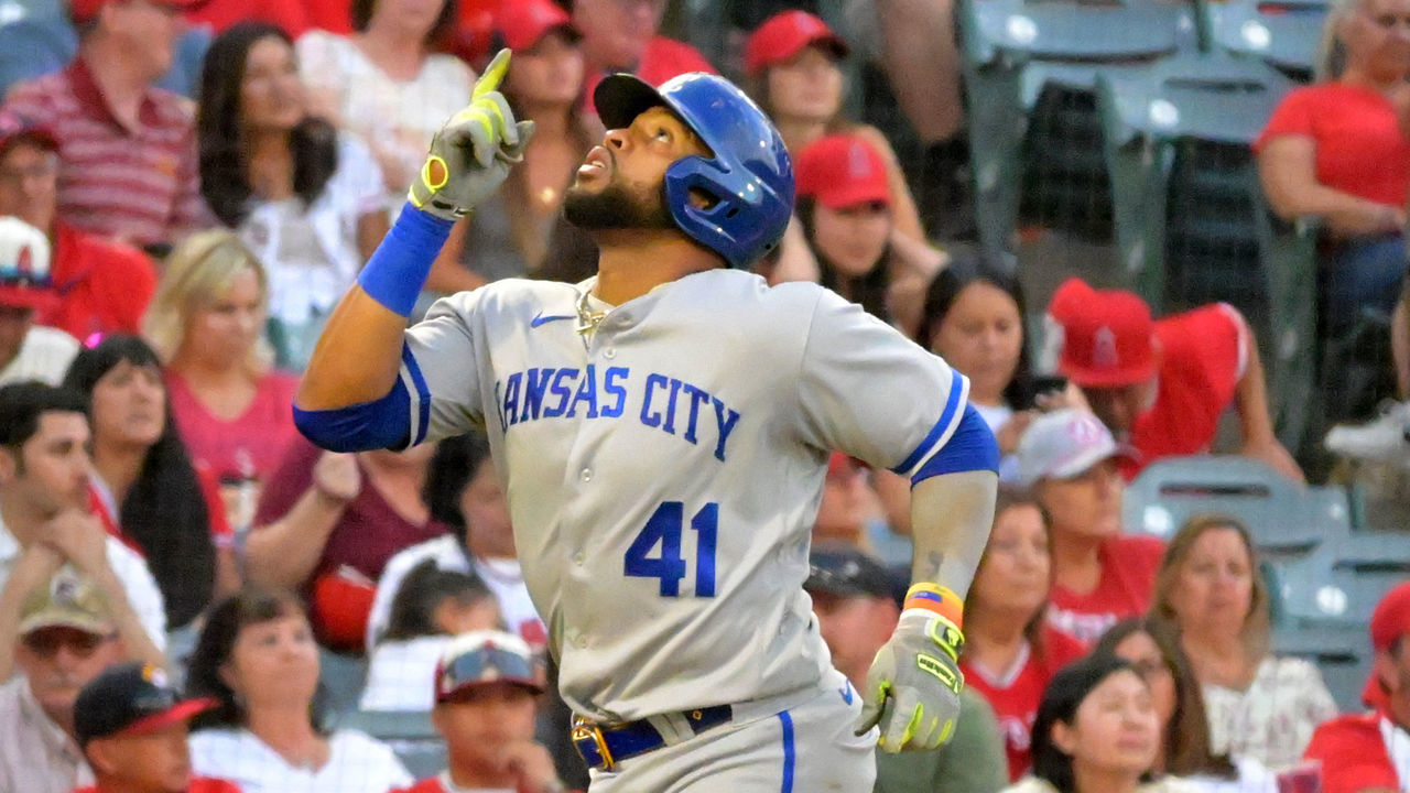ANAHEIM, CA - JUNE 21: Carlos Santana #41 of the Kansas City Royals crosses the plate after hitting a solo home run in the game against the Los Angeles Angels at Angel Stadium of Anaheim on June 21, 2022 in Anaheim, California.