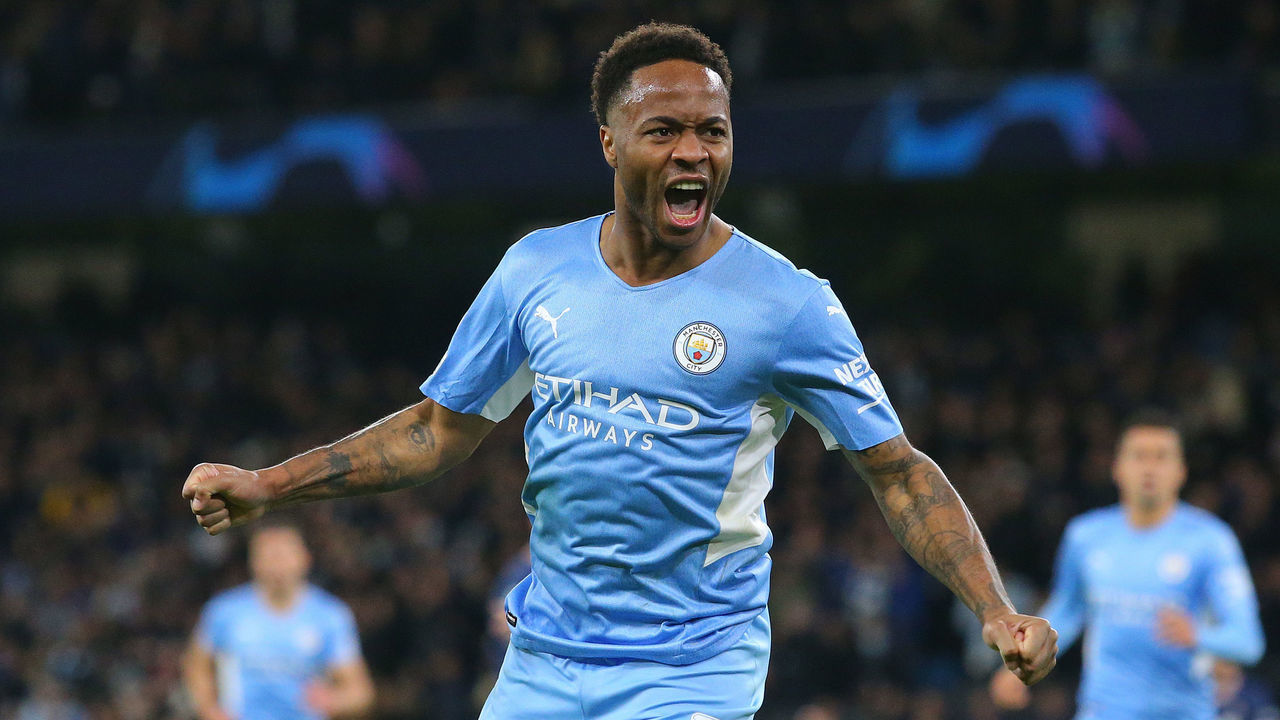 MANCHESTER, ENGLAND - NOVEMBER 24: Raheem Sterling of Manchester City celebrates after scoring their first goal during the UEFA Champions League group A match between Manchester City and Paris Saint-Germain at Etihad Stadium on November 24, 2021 in Manchester, England.