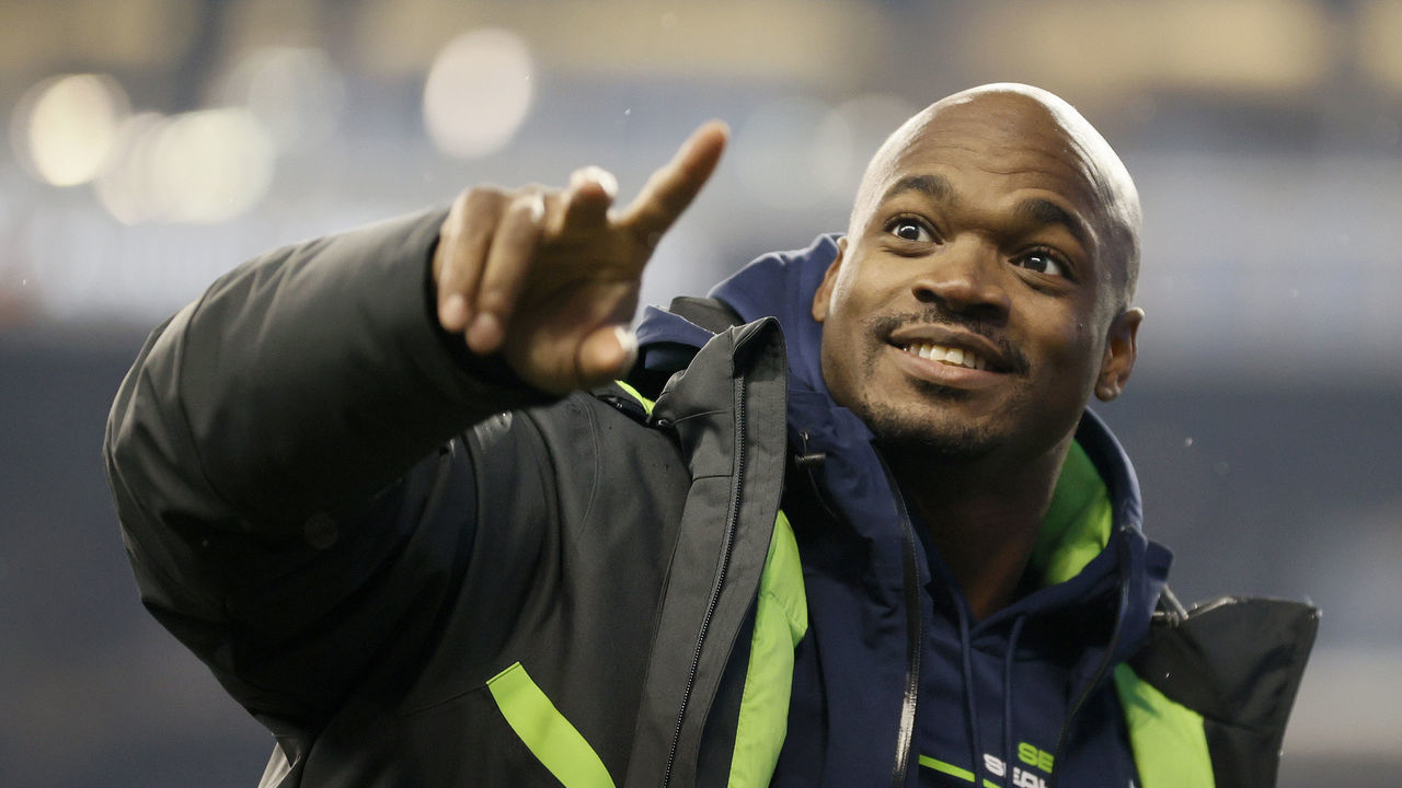 SEATTLE, WASHINGTON - JANUARY 02: Adrian Peterson #21 of the Seattle Seahawks reacts after defeating the Detroit Lions 51-29 at Lumen Field on January 02, 2022 in Seattle, Washington.