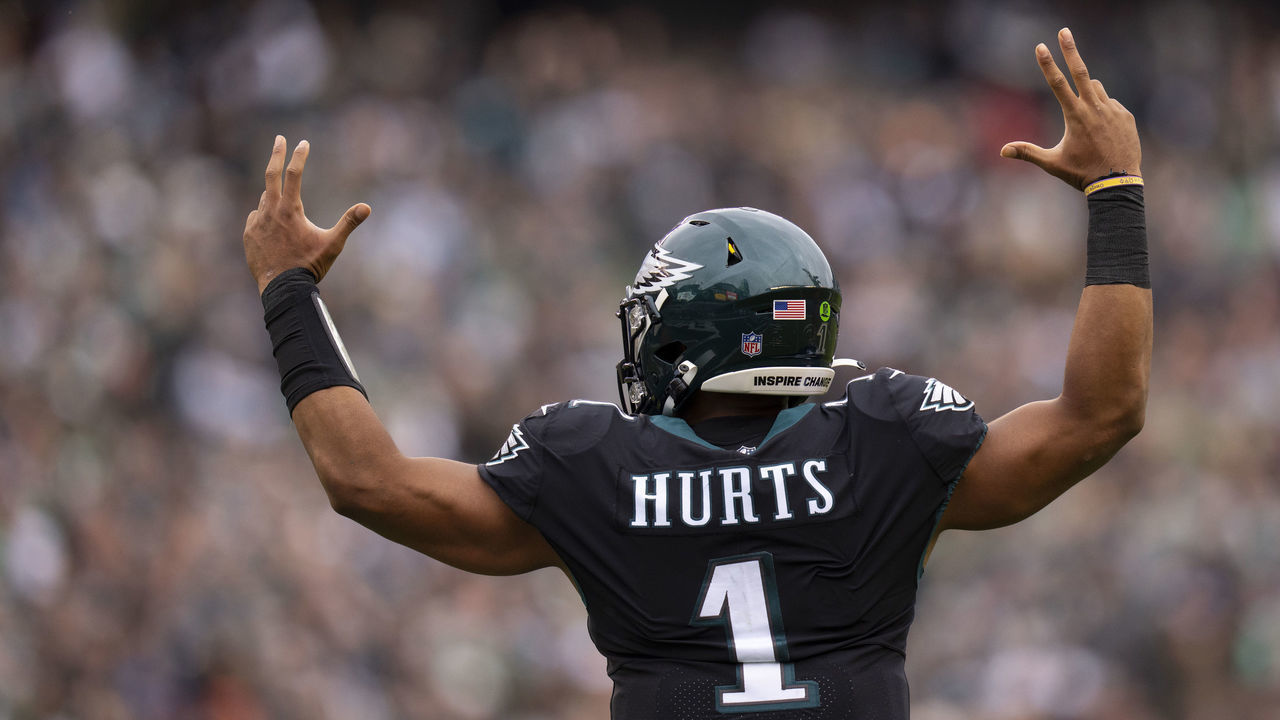 PHILADELPHIA, PA - NOVEMBER 21: Jalen Hurts #1 of the Philadelphia Eagles reacts after a touchdown against the New Orleans Saints at Lincoln Financial Field on November 21, 2021 in Philadelphia, Pennsylvania.