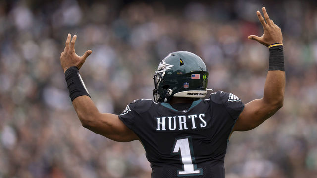 PHILADELPHIA, PA - NOVEMBER 21: Jalen Hurts #1 of the Philadelphia Eagles reacts after a touchdown against the New Orleans Saints at Lincoln Financial Field on November 21, 2021 in Philadelphia, Pennsylvania.