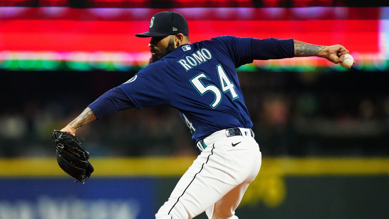 SEATTLE, WA - JUNE 18: Sergio Romo #54 of the Seattle Mariners pitches in the seventh inning during the game between the Los Angeles Angels and the Seattle Mariners at T-Mobile Park on Saturday, June 18, 2022 in Seattle, Washington.