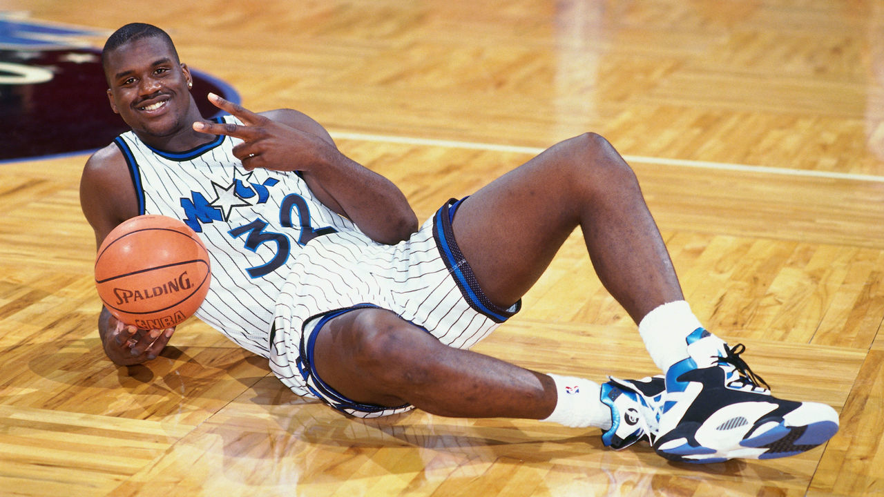 ORLANDO, FL - 1993: Shaquille O'Neal #32 of the Orlando Magic gives a peace sign before a game played at the Orlando Arena in Orlando, Florida circa 1993. Mandatory Copyright Notice: Copyright 1993 NBAE