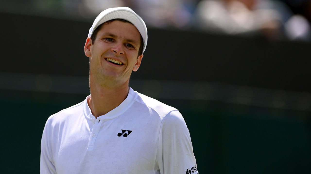 LONDON, ENGLAND - JUNE 27: Hubert Hurkacz of Poland reacts against Alejandro Davidovich Fokina of Spain during the Men's Singles First Round match during Day One of The Championships Wimbledon 2022 at All England Lawn Tennis and Croquet Club on June 27, 2022 in London, England.