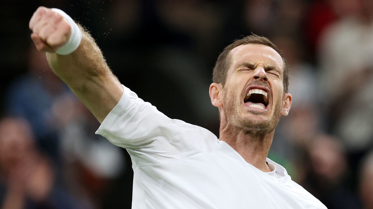 LONDON, ENGLAND - JUNE 27: Andy Murray of Great Britain celebrates winning against James Duckworth of Australia during Men's Singles First Round match during Day One of The Championships Wimbledon 2022 at All England Lawn Tennis and Croquet Club on June 27, 2022 in London, England.