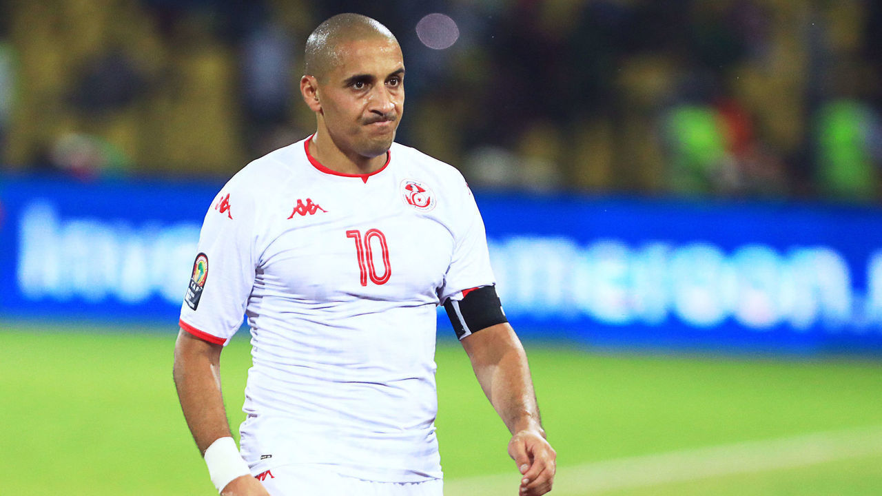 Tunisia's forward Wahbi Khazri reacts after winning the Africa Cup of Nations (CAN) 2021 round of 16 football match between Nigeria and Tunisia at Stade Roumde Adjia in Garoua on January 23, 2022.