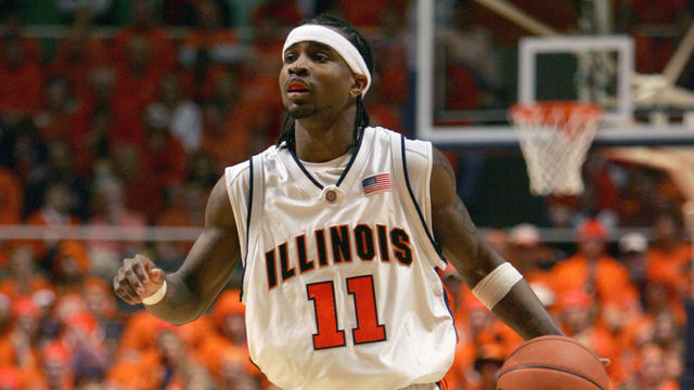 CHAMPAIGN, IL - FEBRUARY 19: Dee Brown #11 of the Illinois Fighting Illini drives down court during the game against the Indiana Hoosiers on February 19, 2006 at the Assembly Hall at the University of Illinois in Champaign, Illinois. Illinois defeated Indiana 70-58.