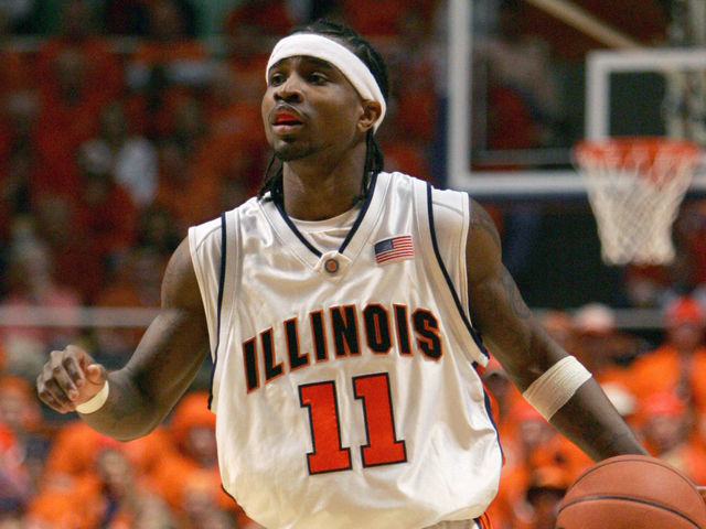 CHAMPAIGN, IL - FEBRUARY 19: Dee Brown #11 of the Illinois Fighting Illini drives down court during the game against the Indiana Hoosiers on February 19, 2006 at the Assembly Hall at the University of Illinois in Champaign, Illinois. Illinois defeated Indiana 70-58.