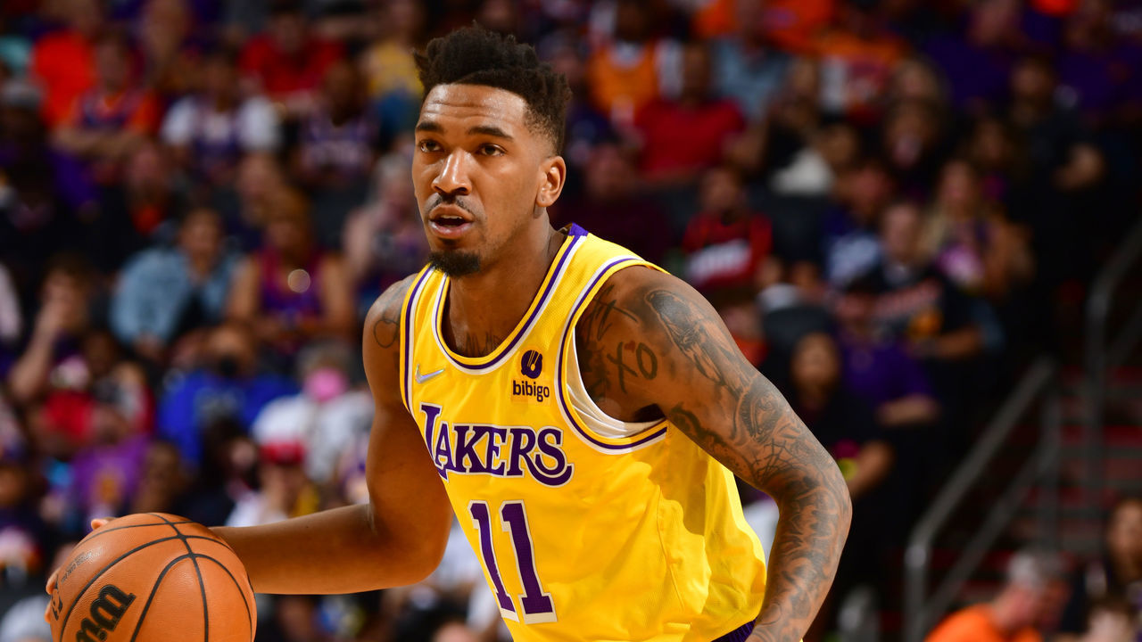PHOENIX, AZ - APRIL 5: Malik Monk #11 of the Los Angeles Lakers dribbles the ball during the game against the Phoenix Suns on April 5, 2022 at Footprint Center in Phoenix, Arizona. Mandatory Copyright Notice: Copyright 2022 NBAE