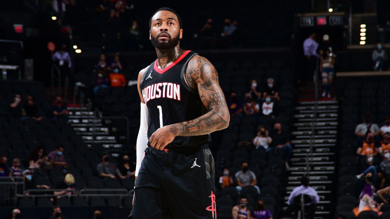 PHOENIX, AZ - APRIL 12: John Wall #1 of the Houston Rockets looks on during the game against the Phoenix Suns on April 12, 2021 at Phoenix Suns Arena in Phoenix, Arizona. Mandatory Copyright Notice: Copyright 2021 NBAE
