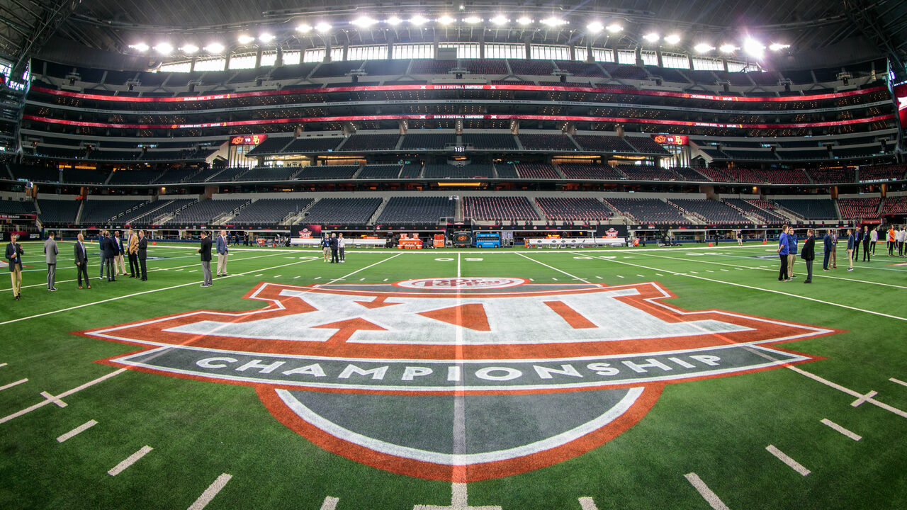 ARLINGTON, TX - DECEMBER 04: Big 12 championship logo mid field prior to the game between the Oklahoma State Cowboys and the Baylor Bears on December 4th, 2021 at ATT Stadium in Dallas Texas.