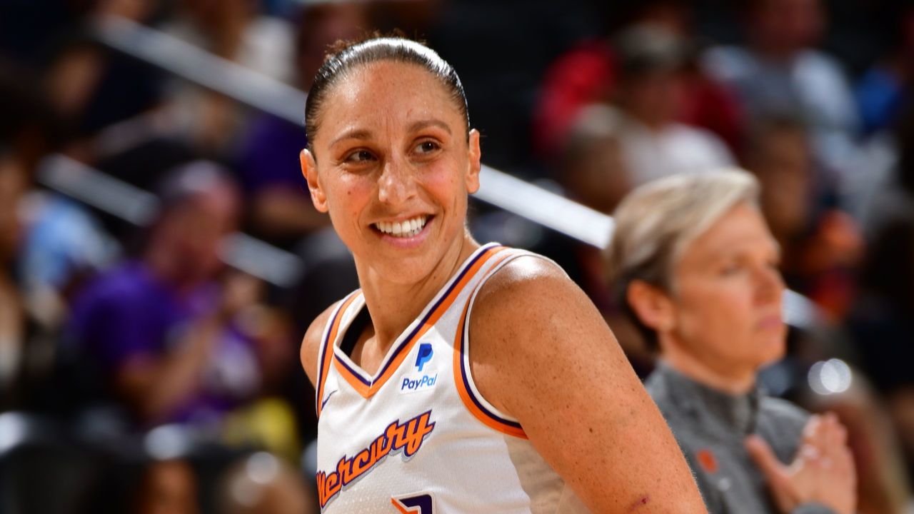 PHOENIX, AZ - JUNE 27: Diana Taurasi #3 of the Phoenix Mercury smiles during the game against the Indiana Fever on June 27, 2022 at Footprint Center in Phoenix, Arizona. Mandatory Copyright Notice: Copyright 2021 NBAE