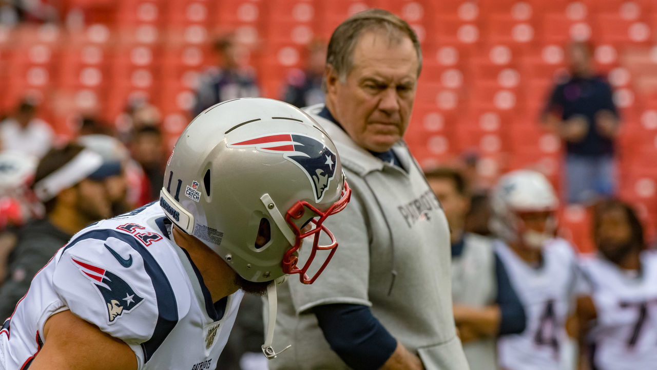 LANDOVER, MD - OCTOBER 06: New England Patriots wide receiver Julian Edelman (11) is watched by head coach Bill Belichick during the National Football League game between the Washington Redskins and New England Patriots on October 6, 2019 at FedEx Field in Landover, MD