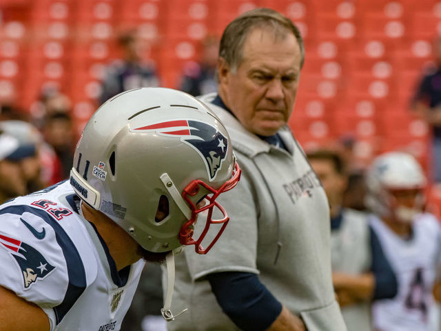 LANDOVER, MD - OCTOBER 06: New England Patriots wide receiver Julian Edelman (11) is watched by head coach Bill Belichick during the National Football League game between the Washington Redskins and New England Patriots on October 6, 2019 at FedEx Field in Landover, MD