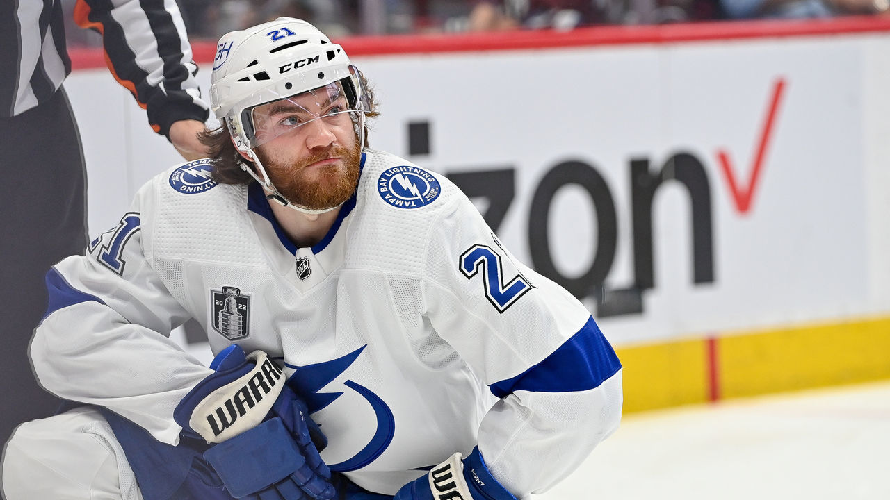 DENVER, CO - JUNE 15: Tampa Bay Lightning center Brayden Point (21) reacts after drawing a penalty after taking a stick to the face during a Stanley Cup Finals game between the Tampa Bay Lightning and the Colorado Avalanche at Ball Arena in Denver, Colorado on June 15, 2022.