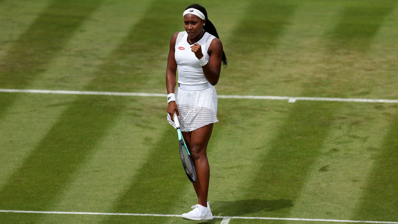 LONDON, ENGLAND - JUNE 28: Coco Gauff of United States celebrates a point against Elena-Gabriela Ruse of Romania during their Women's Singles First Round match on day two of The Championships Wimbledon 2022 at All England Lawn Tennis and Croquet Club on June 28, 2022 in London, England.