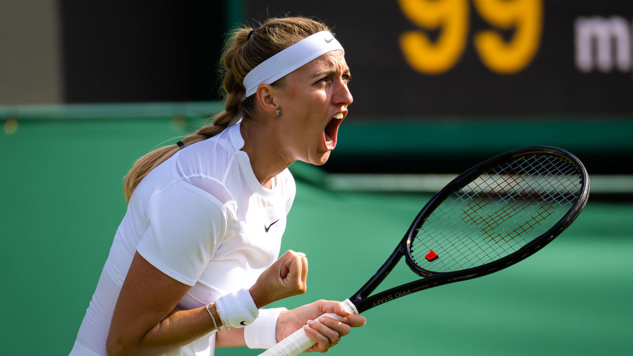LONDON, ENGLAND - JUNE 28: Petra Kvitova of the Czech Republic in action agains Jasmine Paolini of Italy in her first round match during Day Two of The Championships Wimbledon 2022 at All England Lawn Tennis and Croquet Club on June 28, 2022 in London, England