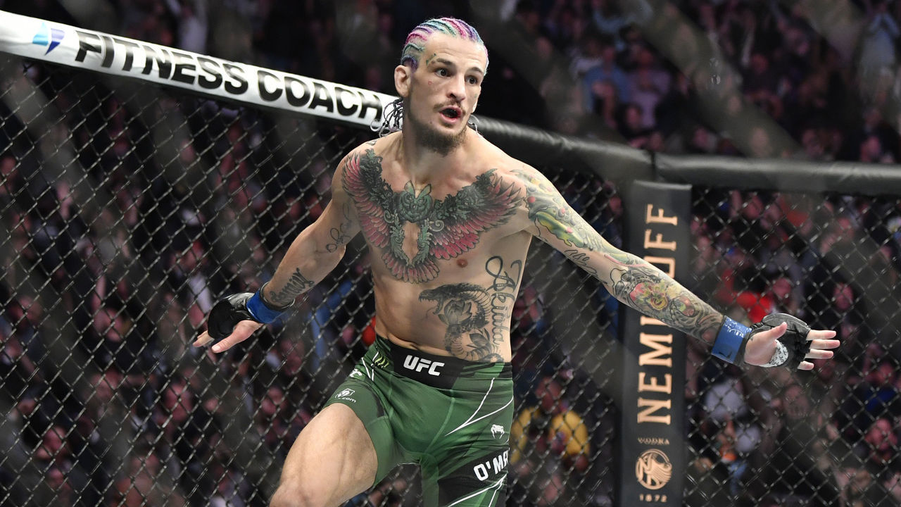 LAS VEGAS, NEVADA - DECEMBER 11: Sean O'Malley reacts after defeating Raulian Paiva of Brazil in their bantamweight bout during UFC 269 on December 11, 2021 in Las Vegas, Nevada.