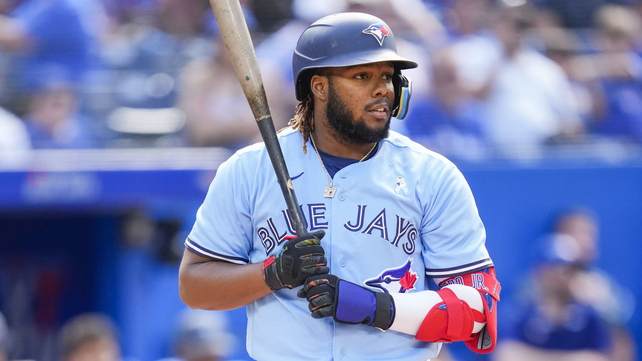 TORONTO, ON - JUNE 19: Vladimir Guerrero Jr. #27 of the Toronto Blue Jays takes an at bat against the New York Yankees in the seventh inning during their MLB game at the Rogers Centre on June 19, 2022 in Toronto, Ontario, Canada.