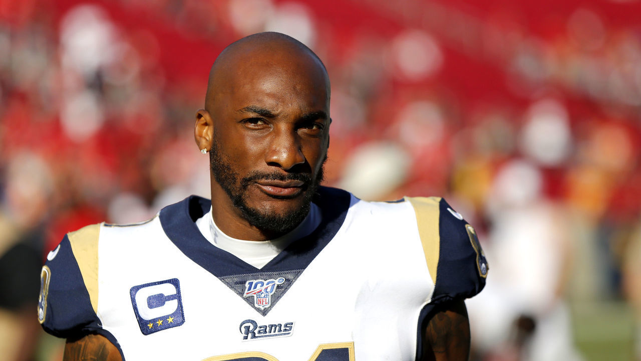LOS ANGELES, CALIFORNIA - SEPTEMBER 29: Cornerback Aqib Talib #21 of the Los Angeles Rams exits the field following the Rams 55-40 loss to the Tampa Bay Buccaneers at Los Angeles Memorial Coliseum on September 29, 2019 in Los Angeles, California.