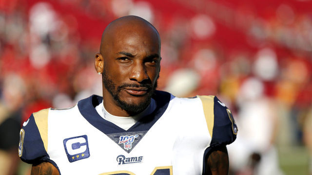 LOS ANGELES, CALIFORNIA - SEPTEMBER 29: Cornerback Aqib Talib #21 of the Los Angeles Rams exits the field following the Rams 55-40 loss to the Tampa Bay Buccaneers at Los Angeles Memorial Coliseum on September 29, 2019 in Los Angeles, California.