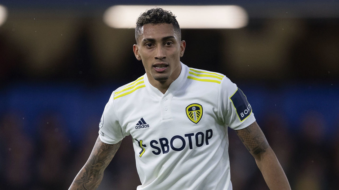 LONDON, ENGLAND - DECEMBER 11: Raphinha of Leeds United during the Premier League match between Chelsea and Leeds United at Stamford Bridge on December 11, 2021 in London, England.