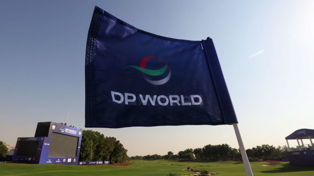 DUBAI, UNITED ARAB EMIRATES - NOVEMBER 16: A pin flag on the 18th green during the Pro- Am of The DP World Tour Championship at Jumeirah Golf Estates on November 16, 2021 in Dubai, United Arab Emirates.