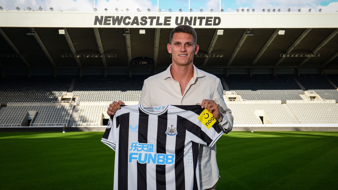 NEWCASTLE UPON TYNE, ENGLAND - JUNE 28: Sven Botman poses for photos at St. James Park on June 28, 2022 in Newcastle upon Tyne, England.