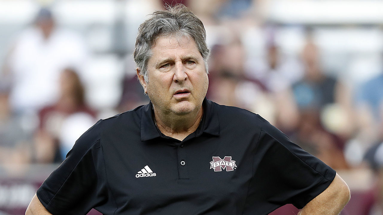 COLLEGE STATION, TEXAS - OCTOBER 02: Head coach Mike Leach of the Mississippi State Bulldogs watches his playeres warm up before playing the Texas A&M Aggies at Kyle Field on October 02, 2021 in College Station, Texas.