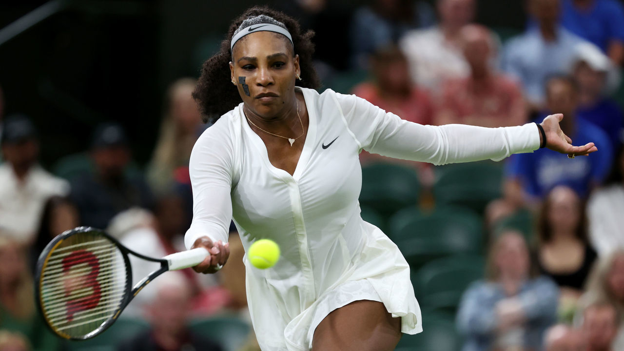 LONDON, ENGLAND - JUNE 28: Serena Williams of United States plays a forehand against Harmony Tan of France during their Women's Singles First Round Match on day two of The Championships Wimbledon 2022 at All England Lawn Tennis and Croquet Club on June 28, 2022 in London, England.