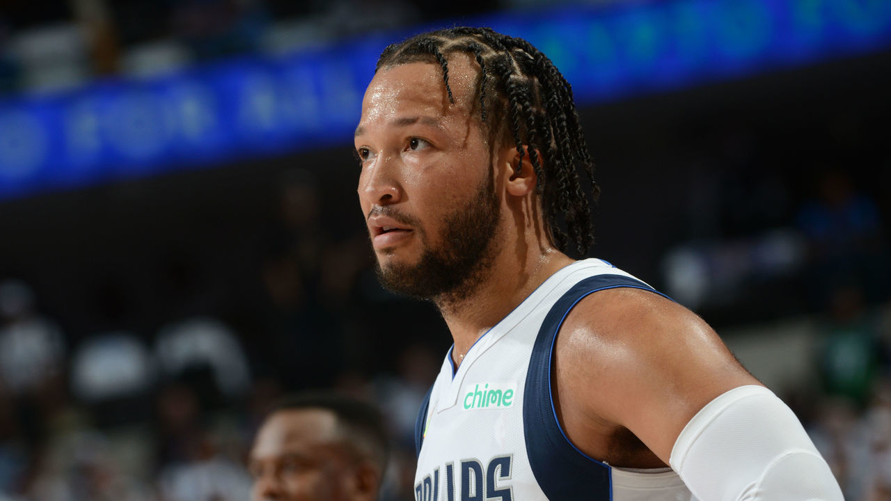 DALLAS, TX - MAY 24: Jalen Brunson #13 of the Dallas Mavericks looks on during Game 4 of the 2022 NBA Playoffs Western Conference Finals on May 24, 2022 at the American Airlines Center in Dallas, Texas. Mandatory Copyright Notice: Copyright 2022 NBAE