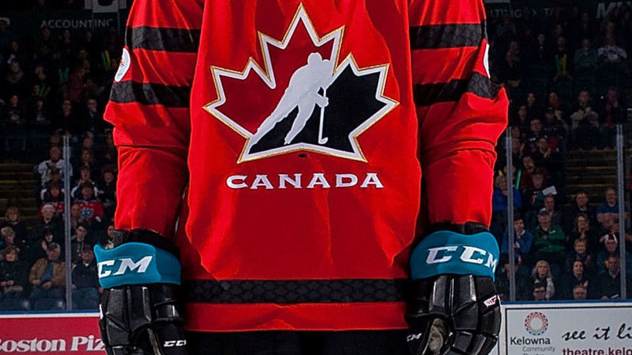 KELOWNA, BC - JANUARY 17: Dillon Dube #19 of the Kelowna Rockets stands on the blue line against the Lethbridge Hurricanes wearing his Team Canada World Jr. Championship jersey in honor of his gold medal win at Prospera Place on January 17, 2018 in Kelowna, Canada.