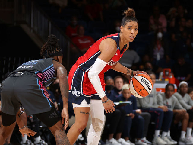 WASHINGTON, DC - JUNE 28: Natasha Cloud #9 of the Washington Mystics handles the ball during the game Atlanta Dream on June 28, 2022 at Entertainment & Sports Arena in Washington, DC. Mandatory Copyright Notice: Copyright 2022 NBAE