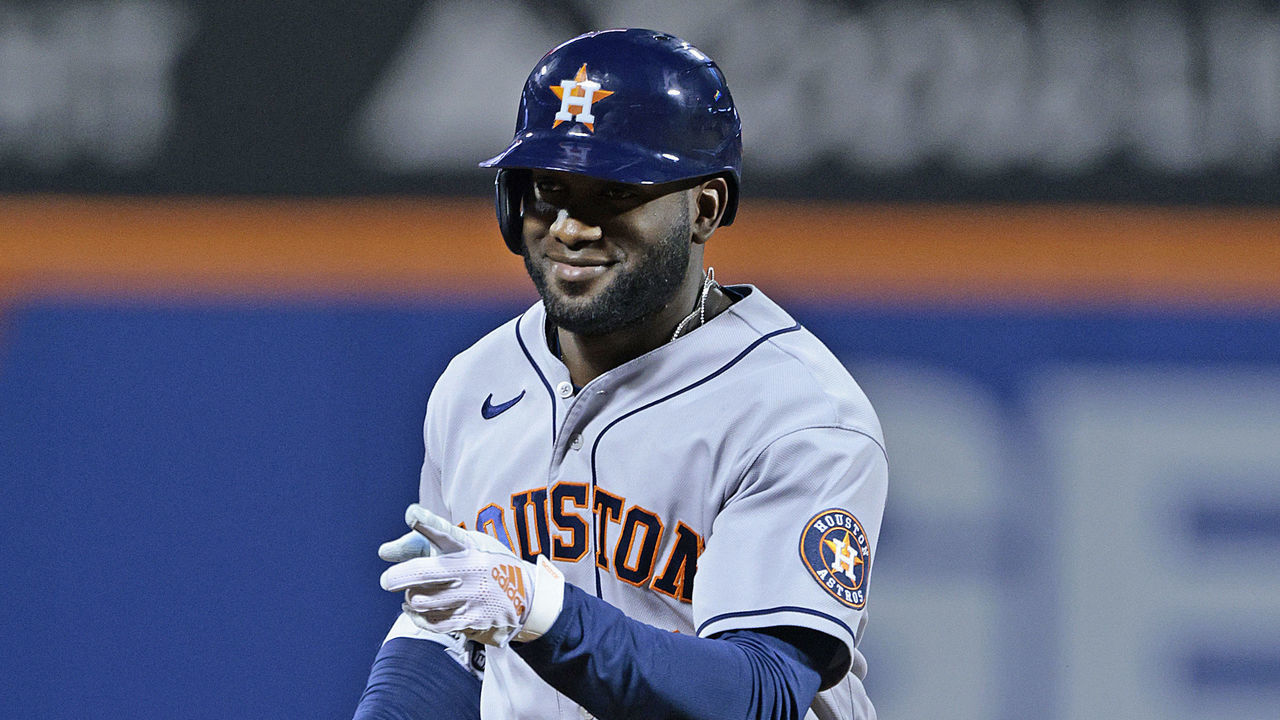 NEW YORK, NY - JUNE 28: Yordan Alvarez #44 of the Houston Astros gestures to the dugout rounding second base on his two-run home run in the top of the fifth inning against the New York Mets at Citi Field on June 28, 2022 in the Queens Borough of New York City.