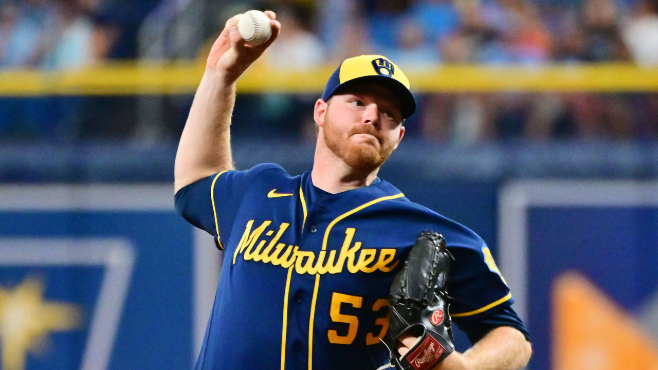 ST PETERSBURG, FLORIDA - JUNE 28: Brandon Woodruff #53 of the Milwaukee Brewers delivers a pitch to the Tampa Bay Rays in the first inning at Tropicana Field on June 28, 2022 in St Petersburg, Florida.