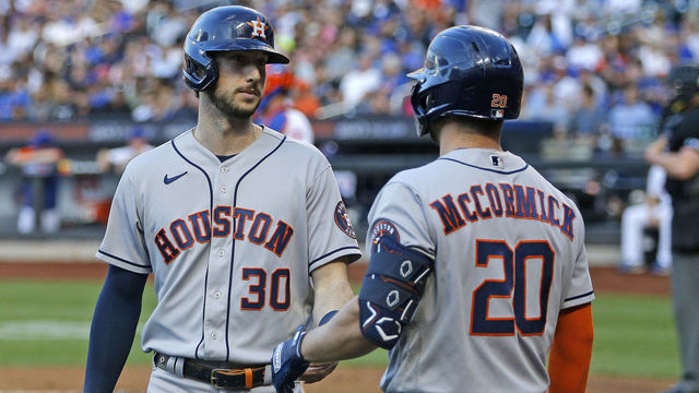 NEW YORK, NY - JUNE 28: Kyle Tucker #30 of the Houston Astros is congratulated by teammate Chas McCormick #20 after hitting a three run homerun in the top of the first inning against the New York Mets at Citi Field on June 28, 2022 in the Queens Borough of New York City.