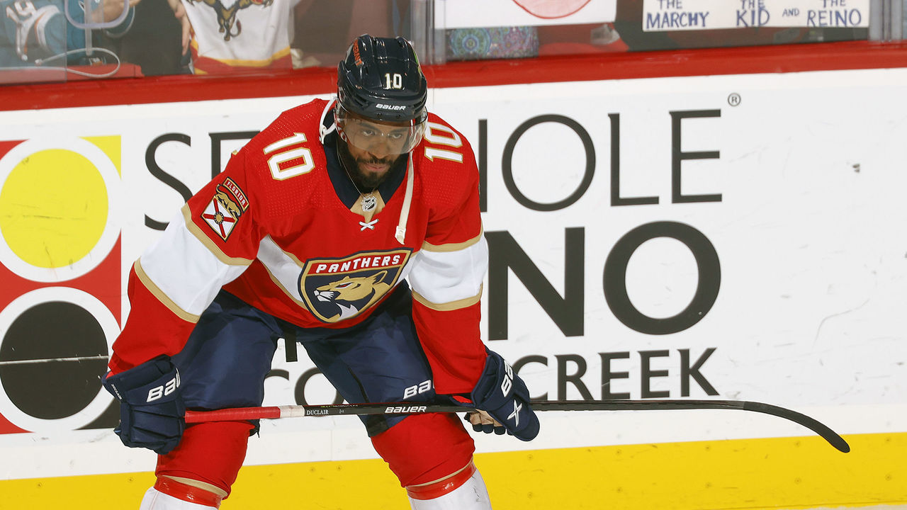 SUNRISE, FL - APRIL 8: Anthony Duclair #10 of the Florida Panthers warms up prior to the game against the Buffalo Sabres at the FLA Live Arena on April 8, 2022 in Sunrise, Florida.