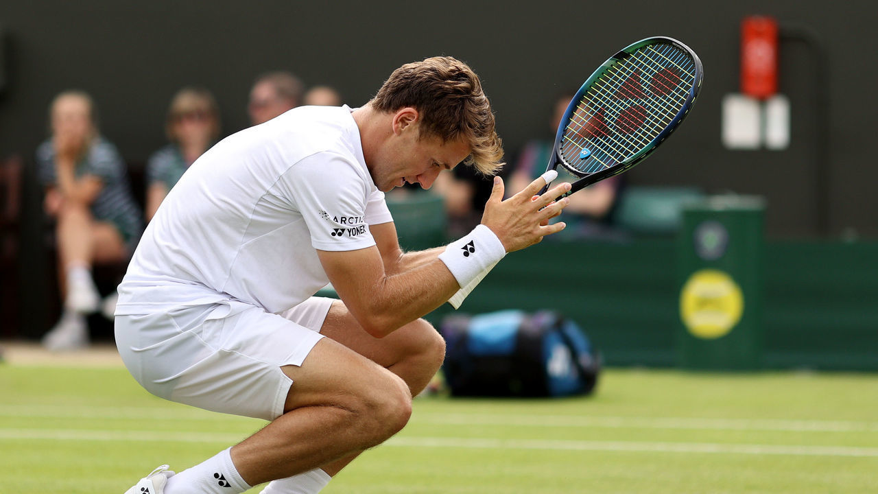 LONDON, ENGLAND - JUNE 29: Casper Ruud of Norway reacts against Ugo Humbert of France during their Men's Singles Second Round match on day three of The Championships Wimbledon 2022 at All England Lawn Tennis and Croquet Club on June 29, 2022 in London, England.