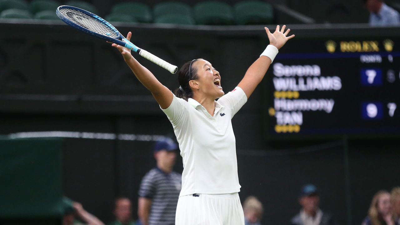LONDON, ENGLAND - JUNE 28: Harmony Tan (FRA) celebrates after winning her Ladiess Singles First Round match against Serena Williams (USA) during day two of The Championships Wimbledon 2022 at All England Lawn Tennis and Croquet Club on June 28, 2022 in London, England.