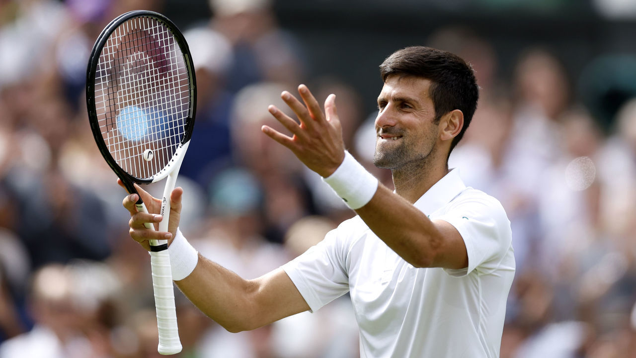 Novak Djokovic celebrates beating Thanasi Kokkinakis during day three of the 2022 Wimbledon Championships at the All England Lawn Tennis and Croquet Club, Wimbledon. Picture date: Wednesday June 29, 2022.