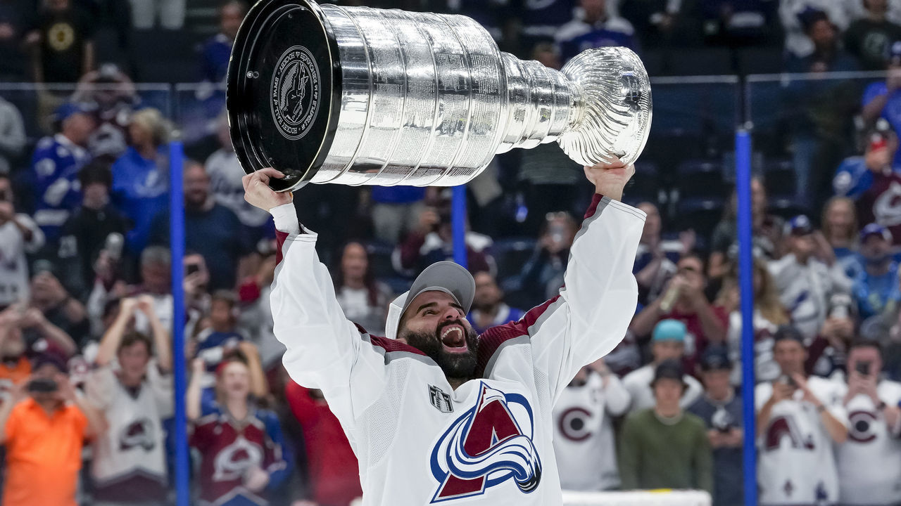 TAMPA, FL - JUNE 26: Colorado Avalanche center Nazem Kadri (91) hoisting the Stanley Cup during the NHL Hockey Stanley Cup Finals Game six between Tampa Bay Lightning and the Colorado Avalanche on June 26th, 2022 at Amalie Arena in Tampa Florida