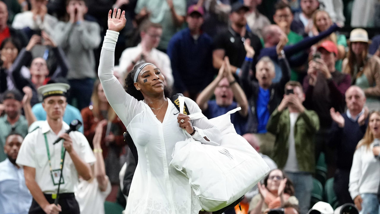 Serena Williams waves to the crowd after her defeat to Harmony Tan on day two of the 2022 Wimbledon Championships at the All England Lawn Tennis and Croquet Club, Wimbledon. Picture date: Tuesday June 28, 2022.